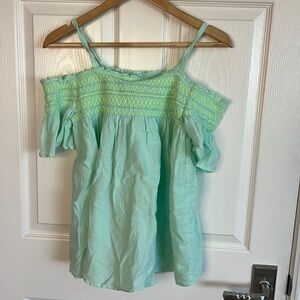 Super cute off the shoulder or strap sea foam and neon shirt.